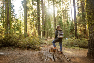 Woman in Yosimite national park near sequoia in California, USA