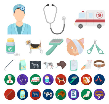 Veterinary clinic cartoon,flat icons in set collection for design. Treatment of a pet vector symbol stock web illustration.