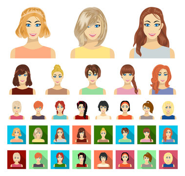 Types of female hairstyles cartoon,flat icons in set collection for design. Appearance of a woman vector symbol stock web illustration.