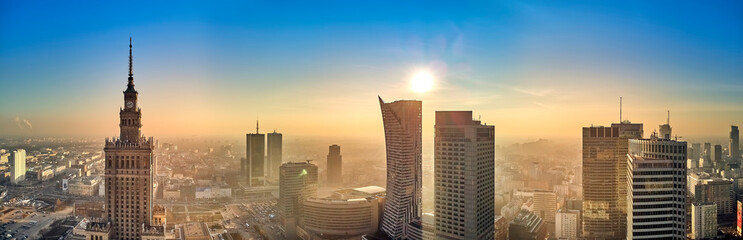 WARSAW, POLAND - DECEMBER 01, 2018: Beautiful panoramic aerial drone view to the center of Warsaw...