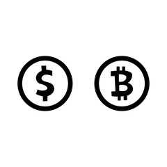 Dollar and bitcoin coin icon isolated on white background