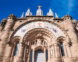 BARCELONA, SPAIN, Nov 1, 2018: Church of the Sacred heart of Jesus on Tibidabo mountain in Cathalonia. Perspective view from ground. - 244337548