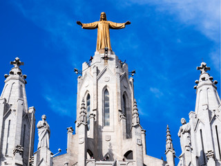 BARCELONA, SPAIN, Nov 1, 2018: Church of the Sacred heart of Jesus on Tibidabo mountain in Cathalonia. Perspective close up view from ground. No people - 244337583