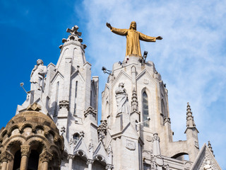 BARCELONA, SPAIN, Nov 1, 2018: Church of the Sacred heart of Jesus on Tibidabo mountain in Cathalonia. Perspective close up view from ground. No people - 244337725