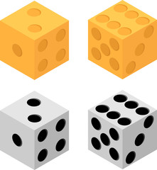 Dice yellow and white color isometry. Vector illustration on white isolated background.