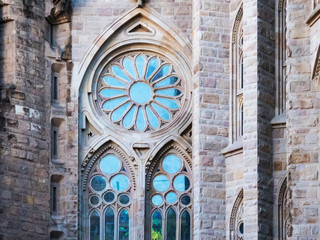 BARCELONA, SPAIN - NOV 1, 2018: Sagrada Familia church Temple Expiatori de la Sagrada Famalia. Designed by Antoni Gaudi, UNESCO World Heritage Site. Close up detailed view. - 244337931