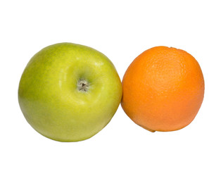  green apple and one orange on white background