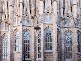 BARCELONA, SPAIN - NOV 1, 2018: Sagrada Familia church Temple Expiatori de la Sagrada Famalia. Designed by Antoni Gaudi, UNESCO World Heritage Site. Close up detailed view. - 244337987