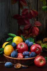 Beautiful red apples, plums, tangerines with green leaves in still life