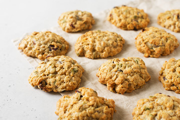 Homemade oat cookies on white background