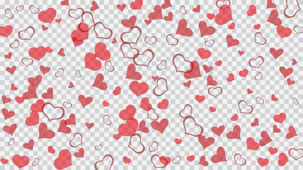 Festive background. Red hearts of confetti crumbled. The idea of wallpaper design, textiles, packaging, printing, holiday invitation for birthday. Red on Transparent fond Vector.