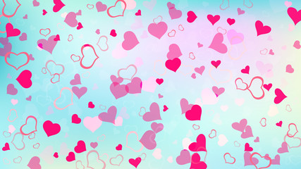 Red hearts of confetti crumbled. Red on Ggradient background Vector. Design element for wallpaper, textiles, packaging, printing, holiday invitation for Valentine's Day. Romantic background.