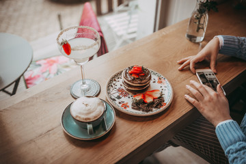 White coffee and pancakes