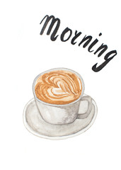 Cup of coffee drawing watercolor on white