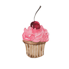 Drawing watercolor cupcake with cherry on white