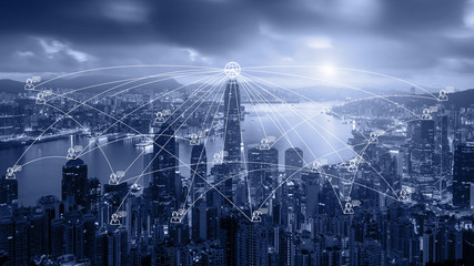 Network business connection system on Hong Kong smart city scape in background. Network business connection concept - obrazy, fototapety, plakaty