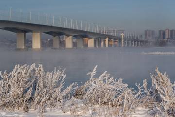 Winter view of the Academic bridge over the Angara, Irkutsk