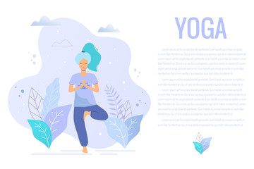 Fototapeta na wymiar Woman in tree pose. Yoga girl in a park vector trendy illustration.