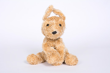 Soft toy dog with raised ears isolated on white background