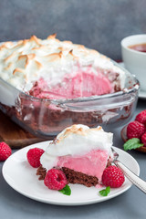 Piece of baked Alaska with chocolate sponge cake, raspberry ice cream and meringues, on white plate, vertical