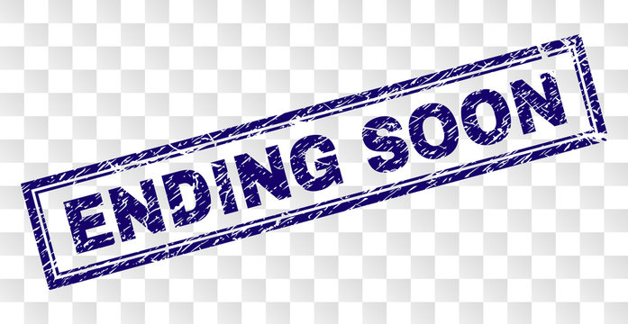 ENDING SOON stamp seal print with rubber print style and double framed rectangle shape. Stamp is placed on a transparent background. Blue vector rubber print of ENDING SOON tag with dirty texture.