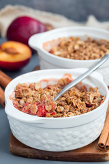 Plum crumble pie or plum crisp with oats and spices, in baking dish, vertical
