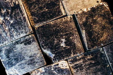 Background bricks of natural pyrite cubes macro