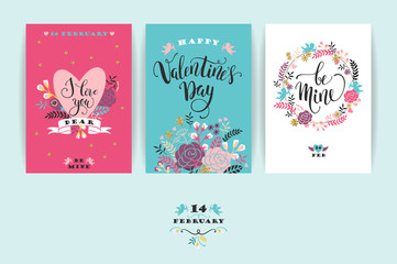 Set of Happy Valentines Day cards. Hand drawn lettering design.