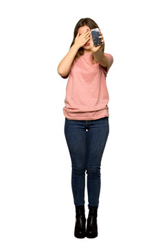 A Full-length Shot Of A Teenager Girl With Pink Sweater Upset With A Broken Phone On Isolated White Background