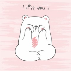 Vector illustration of cute white North Pole bear sitting in a lotus position with letering kiss you on scratch background, hand drawn character playing the ape, cheek one's cheeks, air kiss