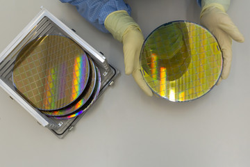 Silicon Wafers in steel holder box take out by hand in gloves- A wafer is a thin slice of...