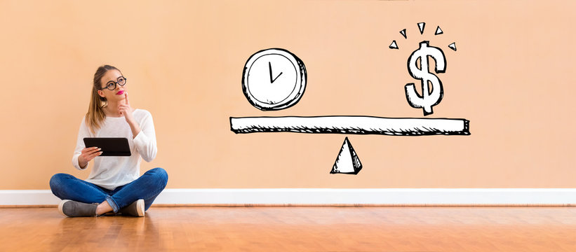 Time And Money On The Scale With Young Woman Holding A Tablet Computer