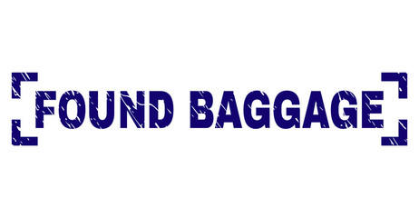 FOUND BAGGAGE text seal stamp with corroded texture. Text caption is placed between corners. Blue vector rubber print of FOUND BAGGAGE with scratched texture.