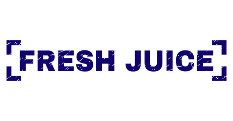 FRESH JUICE tag seal watermark with distress texture. Text tag is placed between corners. Blue vector rubber print of FRESH JUICE with grunge texture.