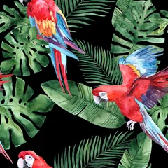 Fototapete Papagei Aquarell Musterdesign mit tropischen Blättern und tropischen Vögeln. Sommerdekorationsdruck für Verpackung, Tapete, Stoff. Handgezeichnete Abbildung