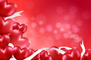 Red Valentine's Day background with 3d hearts on beautiful bokeh background. Cute and Creative love banner or greeting card. Place for text.Design in EPS10 vector illustration.