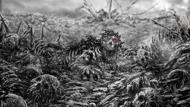 Scary zombie wakes up and raises head from dirt 2D animation. Horror fiction genre. Living dead man looks at camera and pulls his hand. Evil demon on field of bones. Creepy animated backdrop movie. 