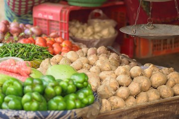 Macro details of Fresh Vegetables at street side vegetable market in India