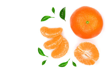 orange or tangerine with leaves isolated on white background. Flat lay, top view. Fruit composition