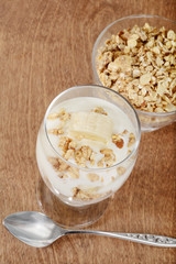 top view banana parfait with granola