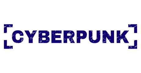CYBERPUNK caption seal stamp with grunge texture. Text label is placed inside corners. Blue vector rubber print of CYBERPUNK with grunge texture.