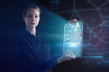 The concept of business, technology, the Internet and the network. A young entrepreneur working on a virtual screen of the future and sees the inscription: Automation