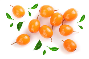 Sea buckthorn. Fresh ripe berry isolated on white background. Top view. Flat lay pattern