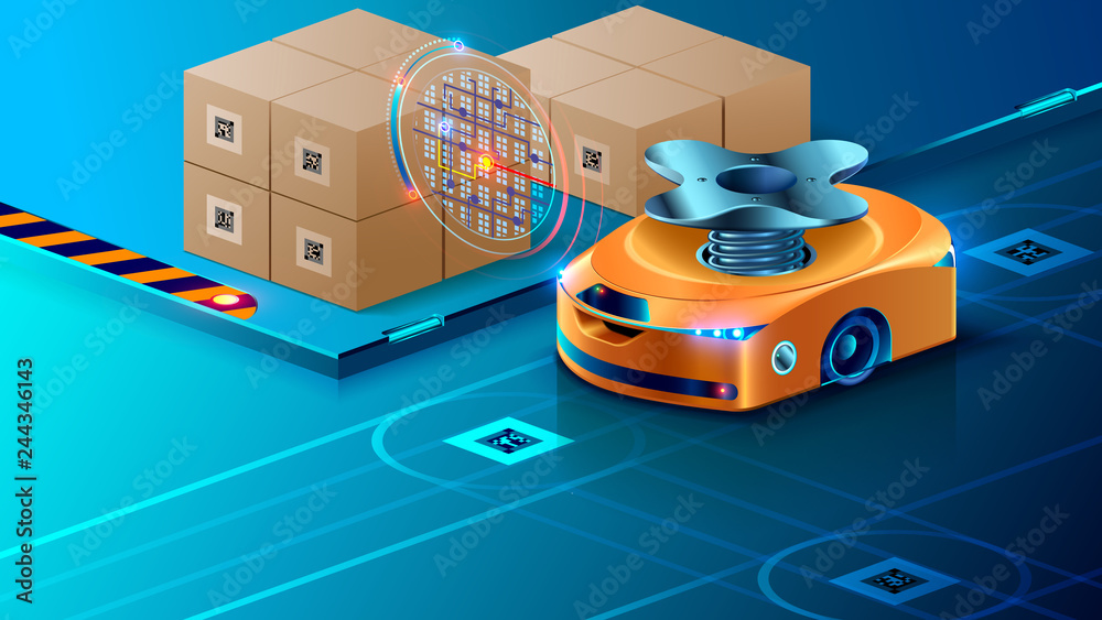 Poster Autonomous Robot, Guided of Artificial Intelligence on Automated Warehouse. Smart Drone Distributes Parcels in the Logistics Center. Automated Complete Set on Modern Storehouse.