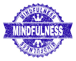 MINDFULNESS rosette stamp imprint with distress texture. Designed with round rosette, ribbon and small crowns. Blue vector rubber print of MINDFULNESS caption with grunge texture.