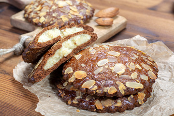 Sweet dessert for autumn season, Dutch filled cookies with marzipan and almonds