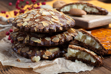 Sweet dessert for autumn season, Dutch filled cookies with marzipan and almonds
