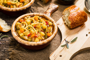 Fall Harvest Homemade Vegetable Soup. Selective focus.