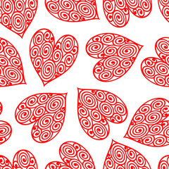 Vector seamess pattern with red hearts. Hearts with spiral ornament. Valentine's day symbol