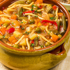Fall Harvest Homemade Vegetable Soup. Selective focus.
